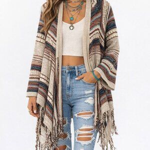 Women's L  Fringe Open Front Aztec  Boho Long  Sleeve Cardigan